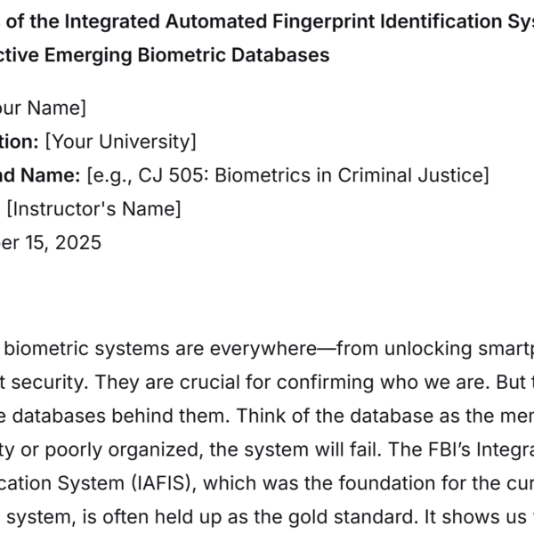Solution: For any biometric to be successfully used for identification or verification, the database and technology used to obtain and maintain comparison samples must be properly