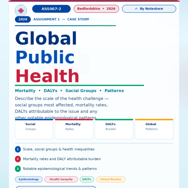 ASS007-2 : Global Public Health Assignment 1: Case study 2026 | Bedfordshire ASS007-2 Assignment 1: Describe the scale of the health challenge (e.g., social group that are most affected, mortality rates or DALYs attributable to this issue and any other notable patterns