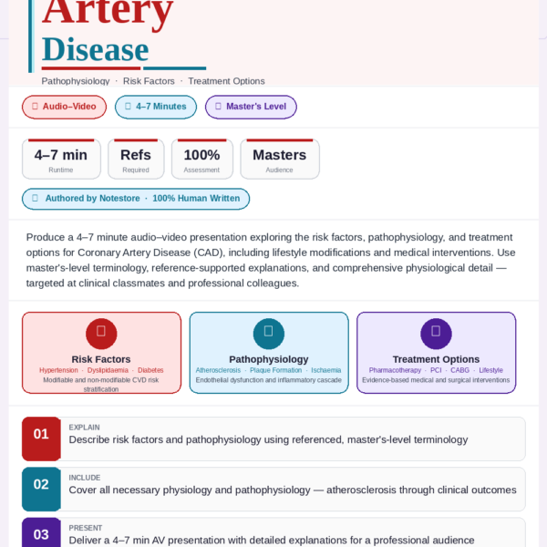 Details For this week's assignment, you will produce a 4–7 minute audio–video presentation on the topic you chose in Week 2. Explore the risk factors, pathophysiology, and treatment options for Coronary Artery Disease, including lifestyle changes and medical interventions. Your presentation must: