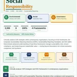 Critically analyse corporate social responsibility (CSR) strategies within contemporary organisations, with a particular focus on Environmental, Social and Governance (ESG) frameworks, the Corporate Sustainability Reporting Directive (CSRD), Sustainability Reporting standards, a