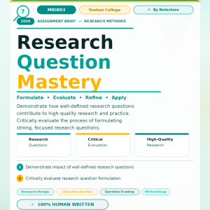 MBI803 Research Methods Assignment Brief 2026 | Yoobee College To demonstrate students’ understanding of how well-defined research questions contribute to high-quality research and practice. It aims to develop students’ ability to critically evaluate the process of formulating research questions