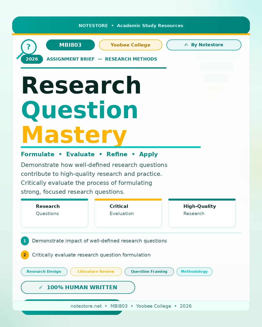 MBI803 Research Methods Assignment Brief 2026 | Yoobee College To demonstrate students’ understanding of how well-defined research questions contribute to high-quality research and practice. It aims to develop students’ ability to critically evaluate the process of formulating research questions