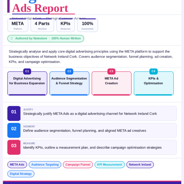 Brief Description: The purpose of this assignment is to evaluate your ability to strategically analyse and apply core digital advertising principles taught throughout this module. Specifically, you will demonstrate how digital advertising on the META platform strategically supports the business objectives of