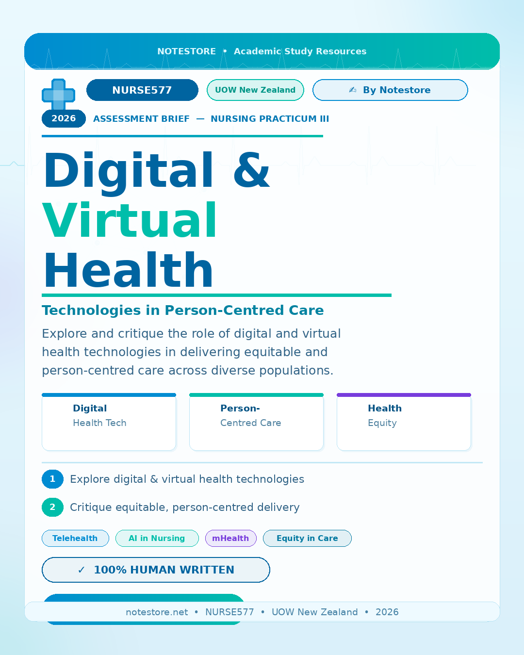 NURSE577 Nursing Practicum III Assessment Brief 2026 | UOW New Zealand Explore and critique the role of digital and virtual health technologies in delivering equitable and person- centred care