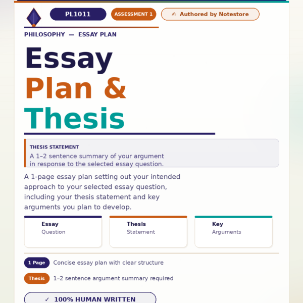 PL1011 Assessment 1: The first part of the assessment is a 1-page essay plan setting out your intended approach to your selected essay question. The essay plan should include a “thesis statement”: a 1- to 2-sentence summary of your argument/response to the selected essay