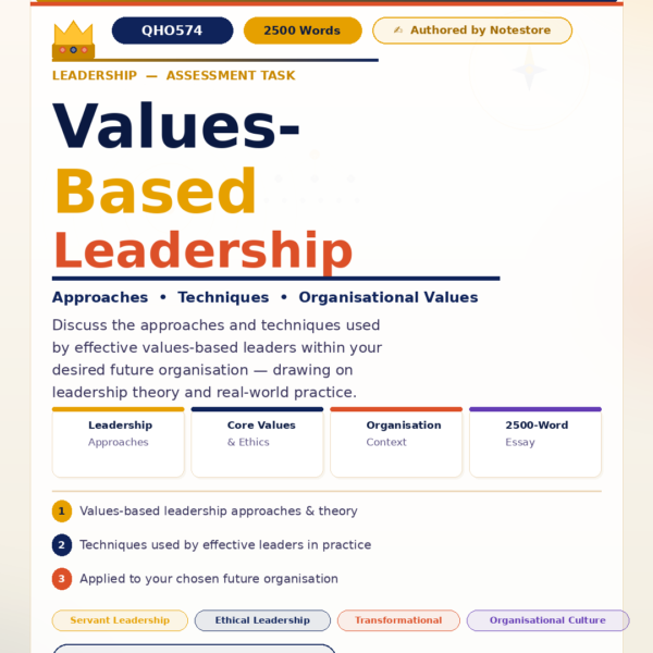 QHO574 Assessment Task: Write a 2500-word essay discussing the approaches and techniques used by effective values-based leaders at the organisation you wish to work within after completing your degree.