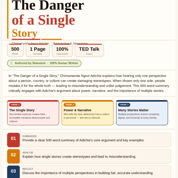 In "The Danger of a Single Story," Chimamanda Ngozi Adichie explains how hearing only one perspective about a person, country, or culture can create stereotypes. She argues that when people are shown only one side of a story, they begin to believe that it is the whole truth. This can lead to misunderstanding and unfair judgment. I need a 500 word summary on the assignment
