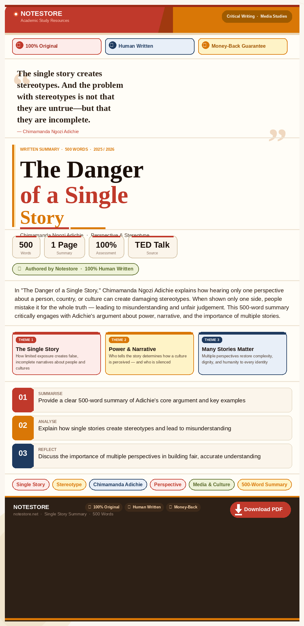 In "The Danger of a Single Story," Chimamanda Ngozi Adichie explains how hearing only one perspective about a person, country, or culture can create stereotypes. She argues that when people are shown only one side of a story, they begin to believe that it is the whole truth. This can lead to misunderstanding and unfair judgment. I need a 500 word summary on the assignment