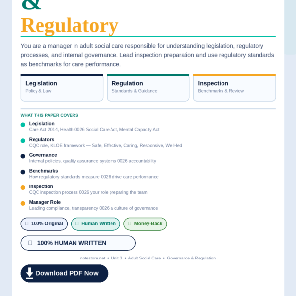 In this unit, you will develop knowledge of legislation and regulatory processes, as well as knowledge of internal governance within the care organisation. You will also have the opportunity to explore own role in leading preparation for the inspection process. As a manager in adult care, it is essential to understand the importance of the current legislation that informs policy development for the care organisation in which you work.